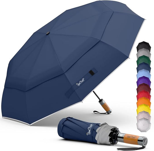 Royal Walk Windproof Folding Travel Umbrella Compact and Strong Luxurious Real Wood Handle Automatic Open Close Vented Double Canopy for Men and Women