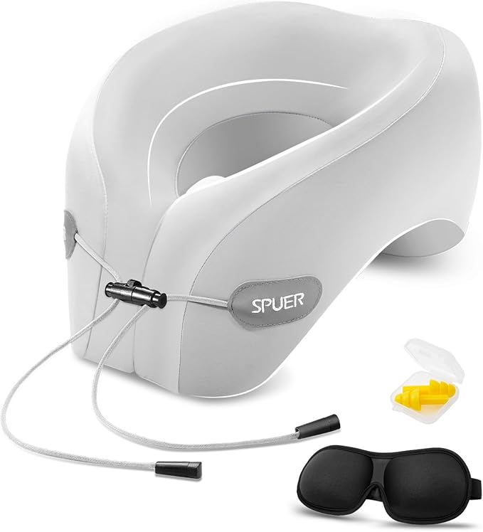 Ergonomic Neck Pillow for Travel – Comfortable Support for Airplane, Car, and Office with Eye Mask & Earplugs (Gray)