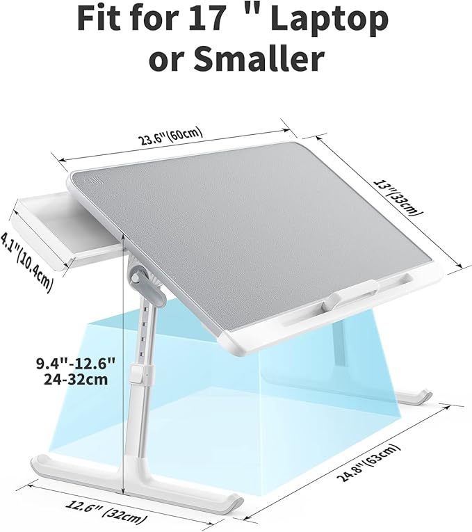 SAIJI Laptop Bed Tray Table, Adjustable PVC Leather Laptop Bed Table, Portable Standing Desk with Storage Drawer, Foldable Lap Tablet Table for Sofa Couch Floor (Gray)