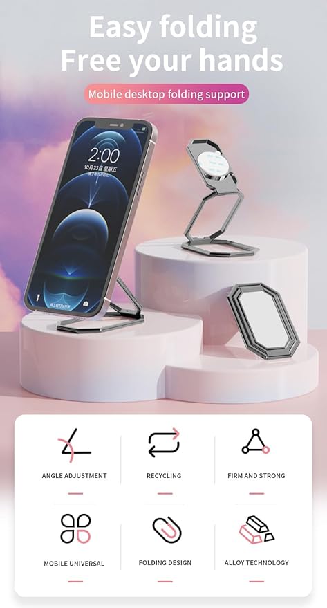 Phone Ring Holder Finger Kickstand Foldable Cellphone Stand 360° Rotation Metal Ring Grip for Magnetic Car Mount Compatible with iPhone Most Smartphone Black