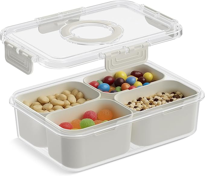 Snackle Box Container, Upgrade Dishwasher,Safe Snack Box for Adult Kids, 4 compartments Plastic Divided Serving Tray with Lid and Handle for Candy, Fruits, Snacks, Nuts,Small,White,1 Pack