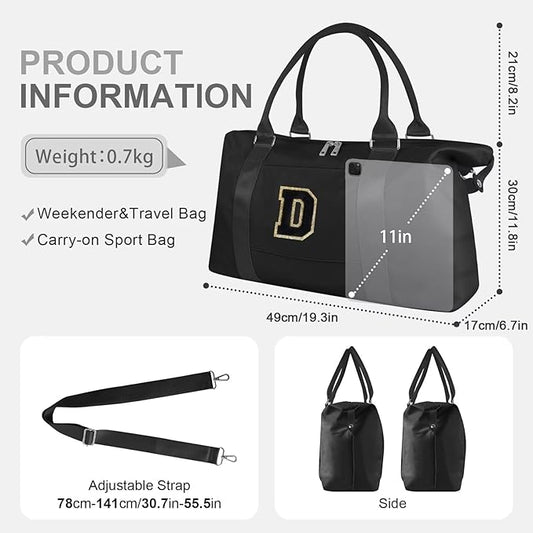 Dance Gym Duffel Bag for Teen Girls, Personalized Initial Travel Weekender Bag,Cute Overnight Carry On Duffle for Women,Sports Travel Cheer Bag,Monogram Christmas Gifts for Tween Preppy(black-D)