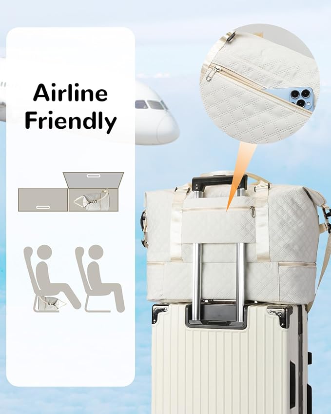 50L Large Travel Duffel Bag with Shoe Compartment & Toiletry Bag for Women, Overnight Bags with Wet Pocket,White