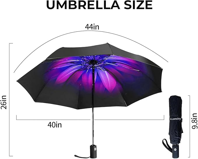 LLanxiry Compact Travel Umbrella, 44" Canopy, Automatic Open/Close Windproof Umbrella, 210T Pongee, 8-Rib Fiberglass, Travel Size Mini, Portable Rain/Sun Umbrellas UPF 50+ with Cover