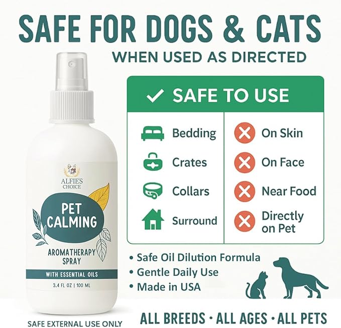 ALFIE'S CHOICE Pet Calming Aromatherapy Spray | 3 fl oz | for Dogs & Cats | Water Based Botanical Mist with Lavender, Ylang Ylang & Valerian | Promotes Calm and Relaxed Environment