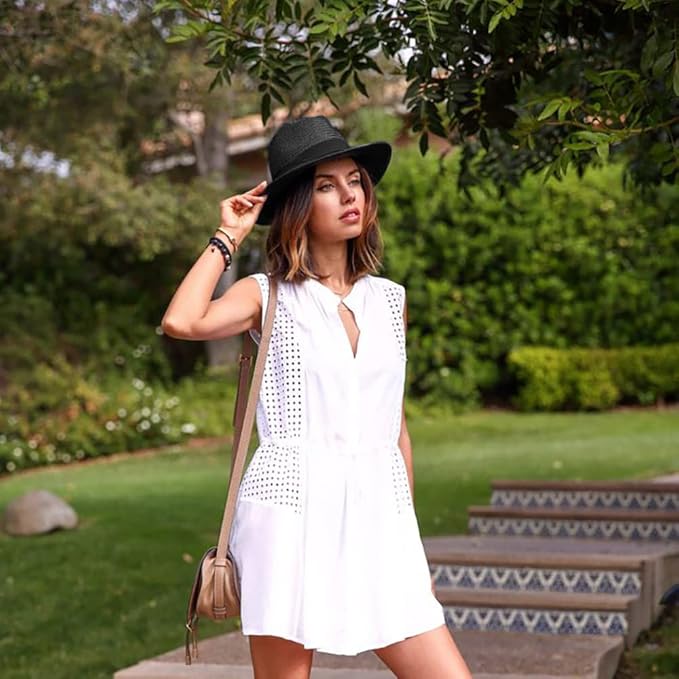 DRESHOW Women Straw Panama Hat Travel Fedora Beach Sun Hat Summer Wide Brim Straw Roll up Hat UPF 50+