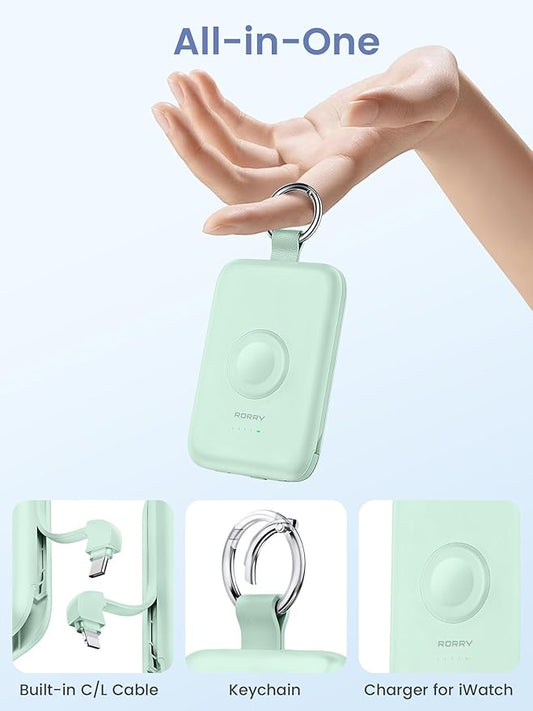 RORRY Portable Charger, 10000mAh PD 20W Fast Charging Portable Charger Power Bank with Built in Cables, Travel Battery Pack for iPhone 17/16/15/14/13/12 and Apple Watch Ultra/11/10/9/8/7/6/5, Green