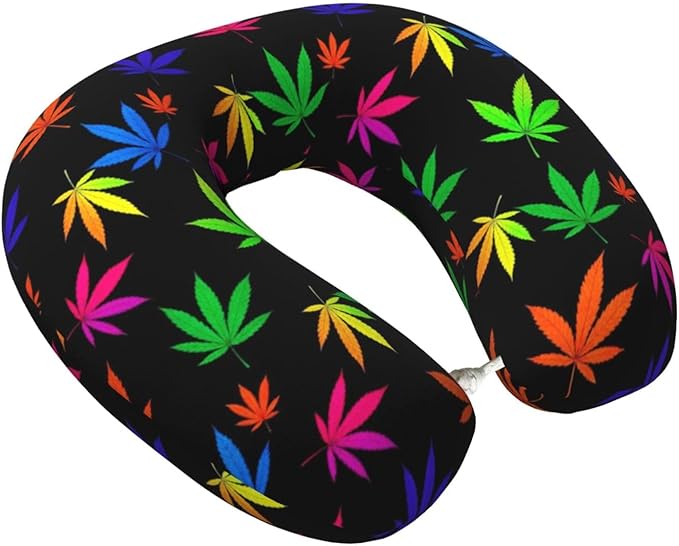 Neck Pillow Memory Foam Chin Cushion with Breathable Cover Trippy Neon Weedleaf Leaves, Cute Airplane Car Pillows for Office Head Pain Relief