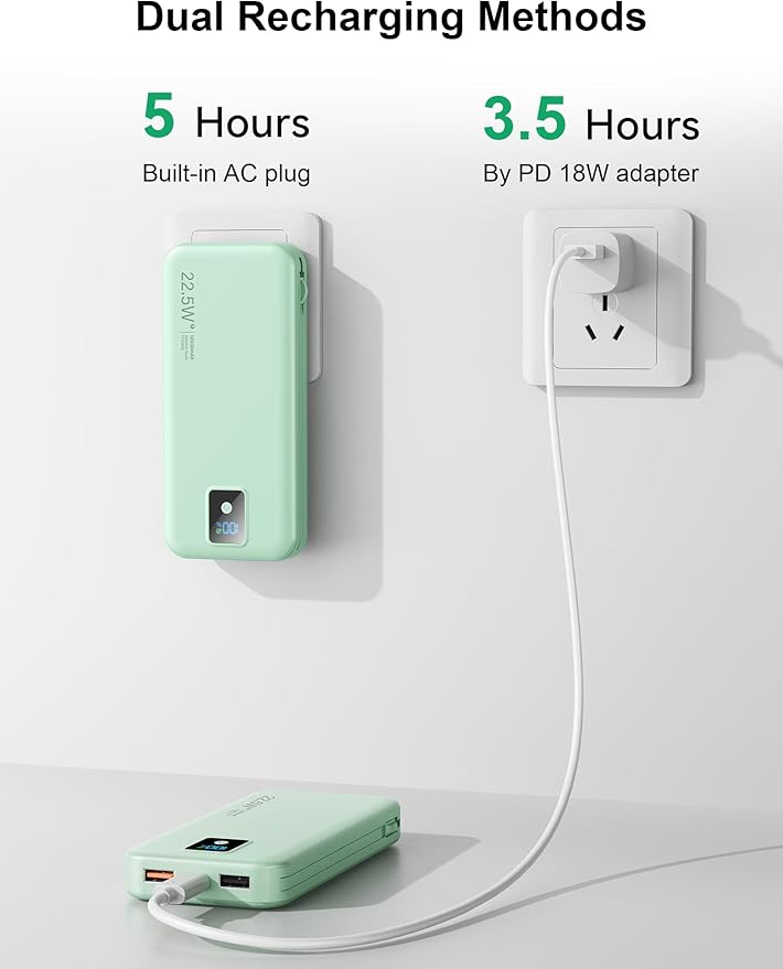Portable Power Bank, 12000mAh 22.5W Fast Charging Phone Charger with Built-in Cables & Wall Plug, Travel Essential Battery Pack with LED Display, USB C Battery Charging Bank for iPhone, Samsung Green