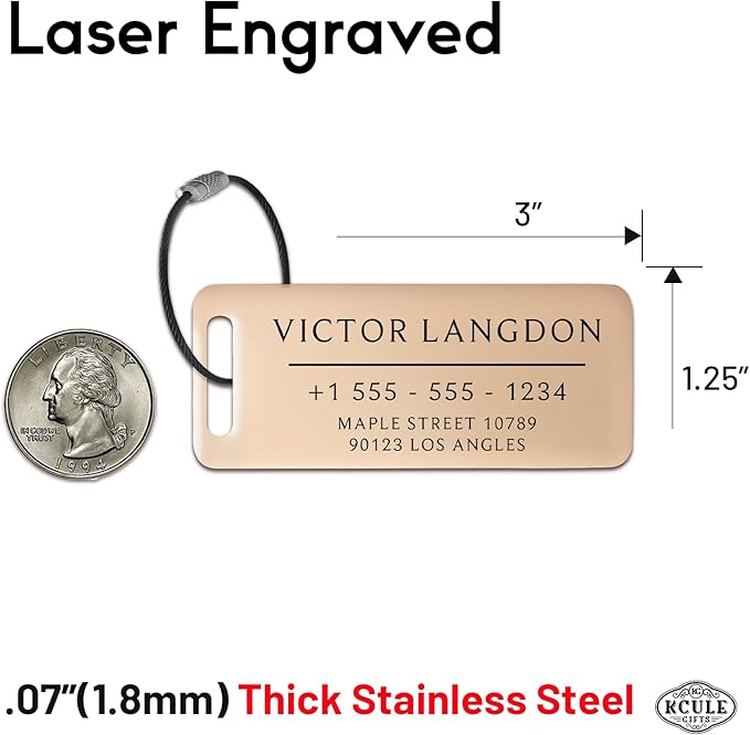 Personalized Luggage Tags for Suitcases 4 Pack - Stainless Steel Custom Luggage Tags for Backpacks & Bags, Sturdy, Waterproof & Heavy Duty (Rose Gold / 3" x 1.25")