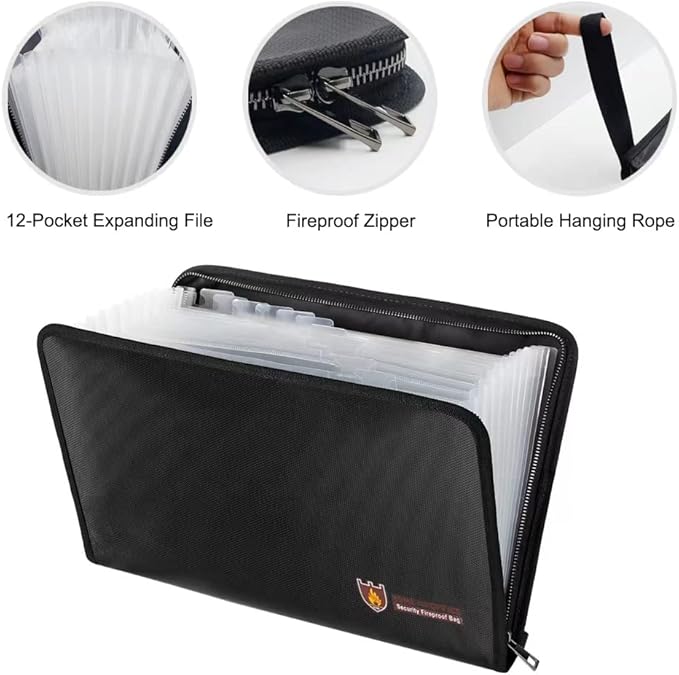 A4 Fireproof Document Bag with 13 Pockets, Fire and Water Resistant Safe Expanding File Folder with Zipper, Document Organizer Fireproof Waterproof Wallet for Certificate Folder