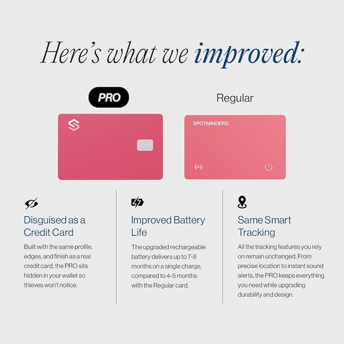 SPOTMINDERS Valentines Day Gifts for Her Apple MFi Certified Credit Card Wallet Tracker PRO Pink (iOS Only) 0.07in Works with Apple Find My Rechargeable Tracking Card for Women IP68 Slim Item Finder