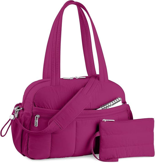 TOPDesign Travel Duffel Bag for Women, Puffer Gym Bag Sports Tote with Wet Pocket, Carry On Weekender with Luggage Sleeve (Dark Purple)