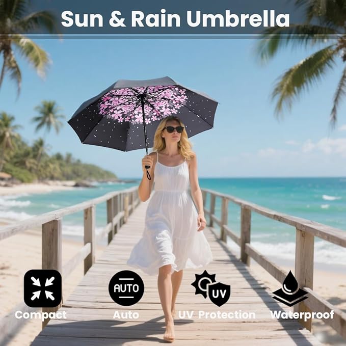 SIEPASA Compact Travel Umbrella - Windproof Auto Open/Close, Lightweight Folding Umbrella wIth Fiberglass Frame & Waterproof Canopy. Fits Backpack/Purse. (Pink Cherry Blossom)
