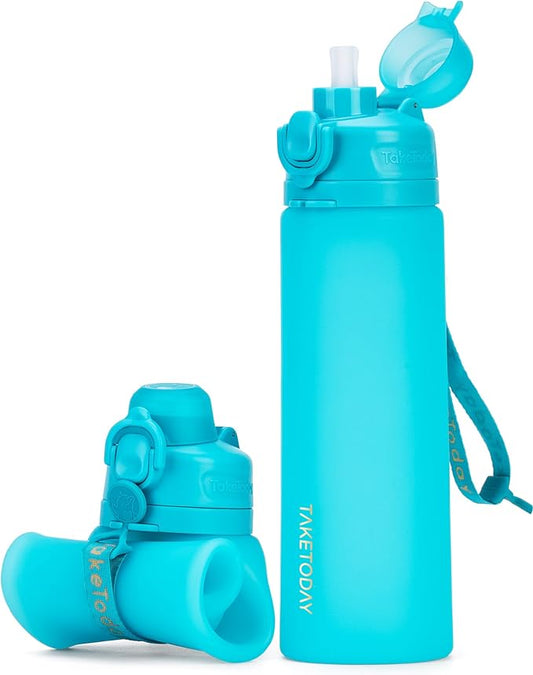 TakeToday Collapsible Water Bottles 20oz, Leak Proof, BPA-Free, Foldable Silicone Travel Water Bottle with Straw Strap for Cycling, Hiking, Outdoors