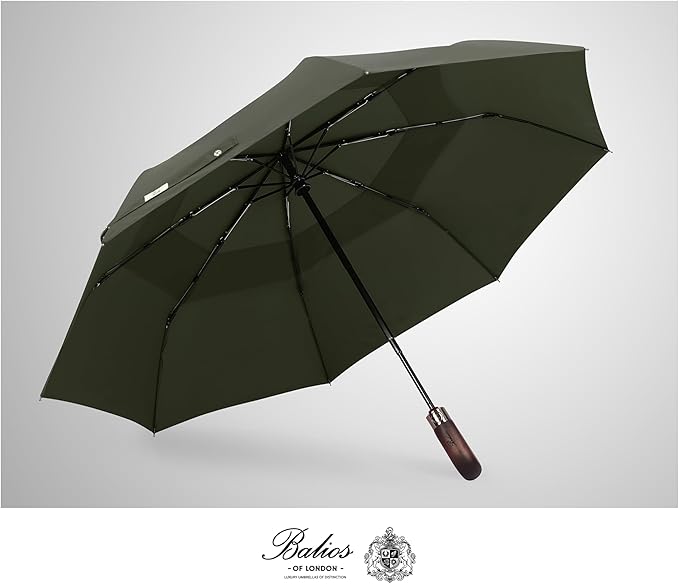Balios Travel Folding Umbrella with Real Wood Handle Auto Open Close Vented Windproof Canopy - Designed in UK