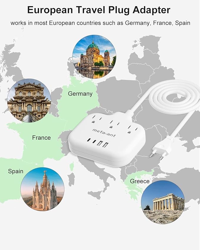 European Travel Plug Adapter, US to Europe Plug Adapter with 3 Outlets & 4 USB(2 USB-C), 5ft European Power Cord, International Power Strip, Type C for Europe EU Germany France, Travel, White