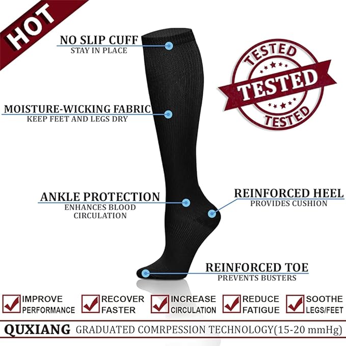 QUXIANG Copper Compression Socks for Women & Men Circulation (8 Pairs) - Best for Running Athletic Cycling - 15-20 mmHg