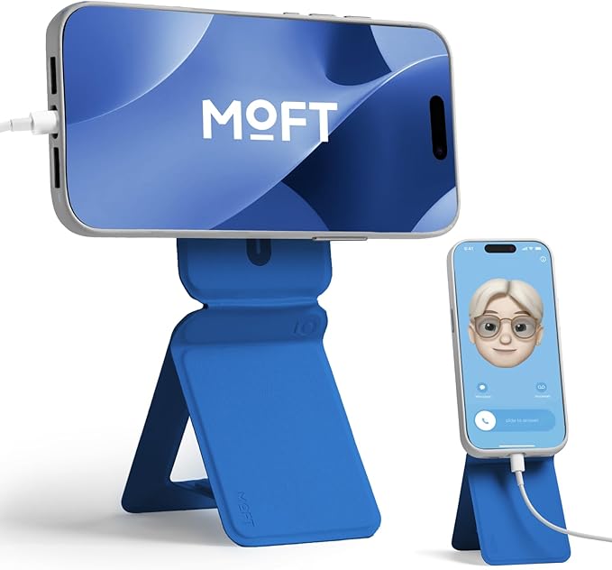 MOFT Phone Stand, Magnetic Phone Tripod Stand Stain-Resistant MOVAS Leather & Angle Adjustment & Strong Magnets Tripod for iPhone 17/16/15/14/13/12 (Included Metal Ring)-Sapphire