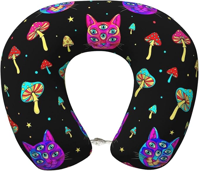 Neck Travel Pillow, Women Men Washable Airplane Car Pillows Trippy Eyes Black Cat Goth Mushroom, Head Support Rest U Shaped Cushion Comfortable for Watching TV