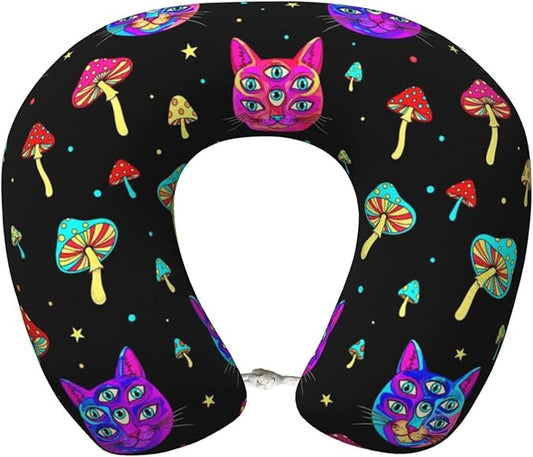 Neck Travel Pillow, Women Men Washable Airplane Car Pillows Trippy Eyes Black Cat Goth Mushroom, Head Support Rest U Shaped Cushion Comfortable for Watching TV