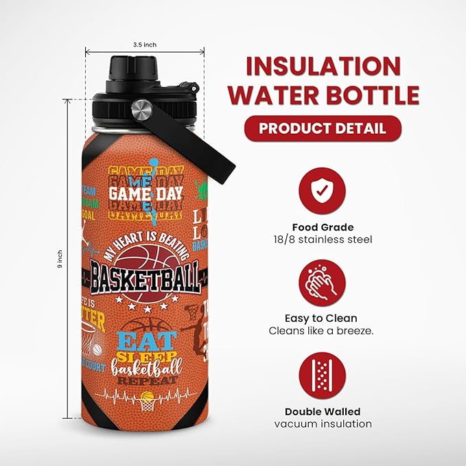 Basketball Water Bottle 32oz, Stainless Steel Insulated Sports Bottle with Lid, Basketball Gifts for Men Players Lovers Fan