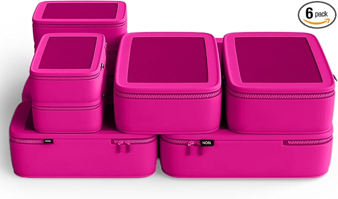 NOBL Travel Compressible Packing Cubes Set, 6 Pieces Travel Packing Organizers, Compression Luggage Cubes for Suitcases & Carry On, Space Saving (XXS, XS, S, M, L, XL) - Hot Pink
