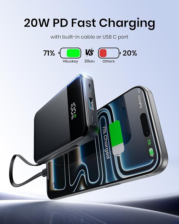 Hiluckey 10000mAh Magnetic Power Bank with Built in 20W USB C Cable, Ultra Slim 15W Fast Charging Wireless Portable Charger for iPhone 17/16/15/14/13/12 Pro/Pro Max Apple Watch, Travel Battery Pack