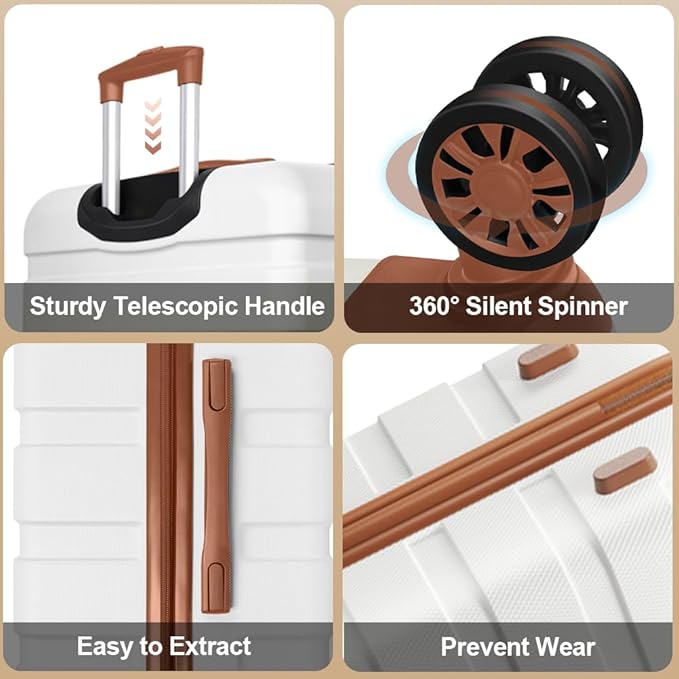 AnyZip Luggage Set 20 Inch Carry on Luggage PC ABS Hardshell Lightweight Suitcases for Travelling with 4 Universal Wheels TSA Lock White Brown