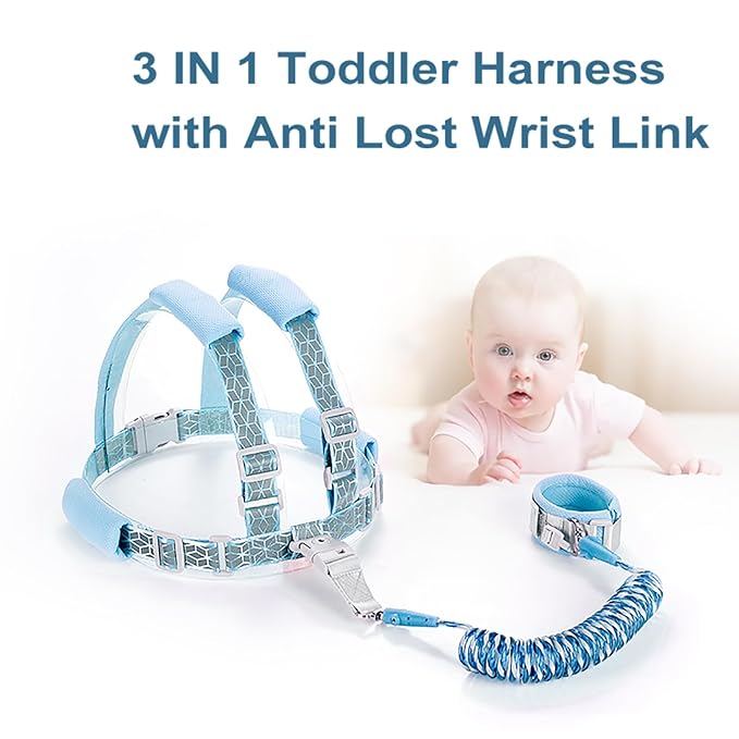 Reflective Toddler Harness with Anti Lost Wrist Link- 3 in 1 Kids Safety Leashes with Key Lock Design for Boys/Girls, Walking Wristband Rope Protection Tether Belt, Bule