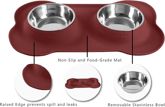 Hubulk Pet Dog Bowls 2 Stainless Steel Dog Bowl with No Spill Non-Skid Silicone Mat + Pet Food Scoop Water and Food Feeder Bowls for Feeding Small Medium Large Dogs Cats Puppies (Large, Burgundy)