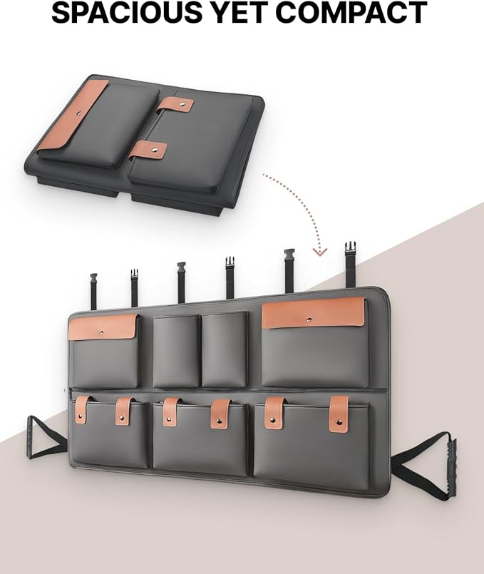 Owleys Hanging Car Trunk Organizer | Eco Leather Back Seat Storage 39"x19" | 8 Pockets with Zipper Compartment | Waterproof Cargo Holder for SUV & Sedan | Black&Brown