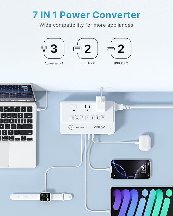 220V to 110V Travel Voltage Converter, VINTAR 600W Pure Sine Wave Voltage Converter US to Europe, Power Converter Adapter Combo Step Down Transformer for CPAP Hair Straightener Curling Iron