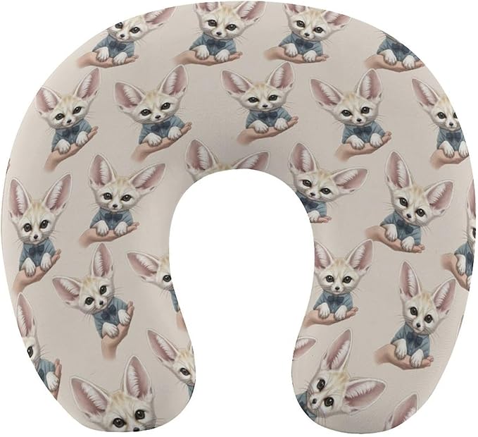 Soft Memory Foam Travel Pillow Chin Support Cute Fennec Fox, Removable Washable Cover for Airplane Car Home Office Nap