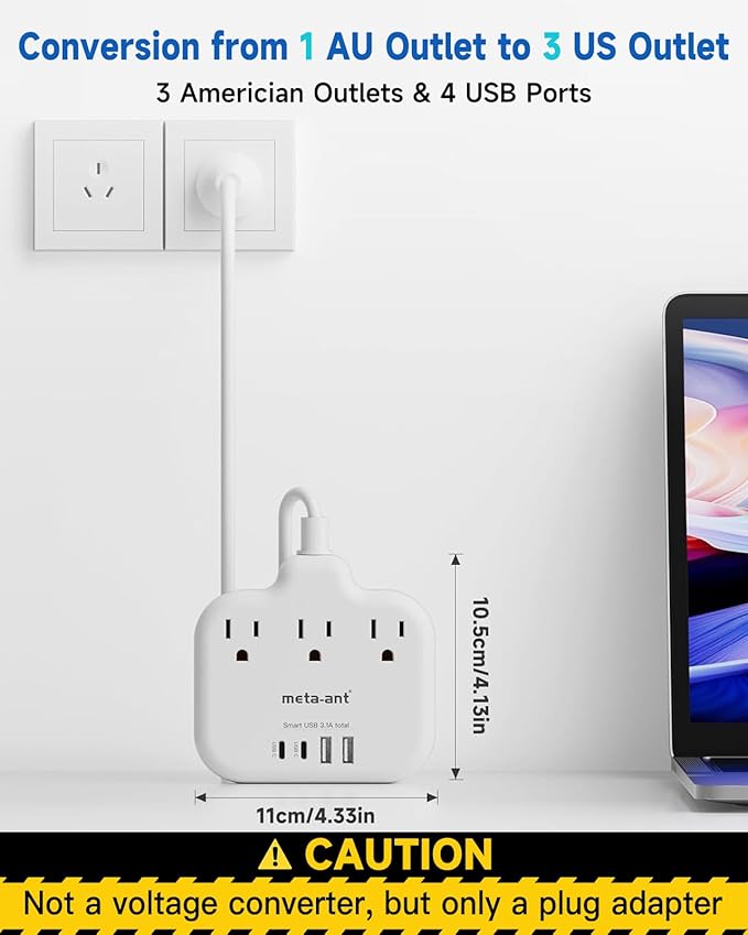 Australia New Zealand Power Adapter USB C, meta-ant Australia Travel Adaptor with 3 American Outlets 4 USB Charger(2 USB-C), 5FT Extension Cord, Type I Plug Adapter for US to AU China Argentina Fiji