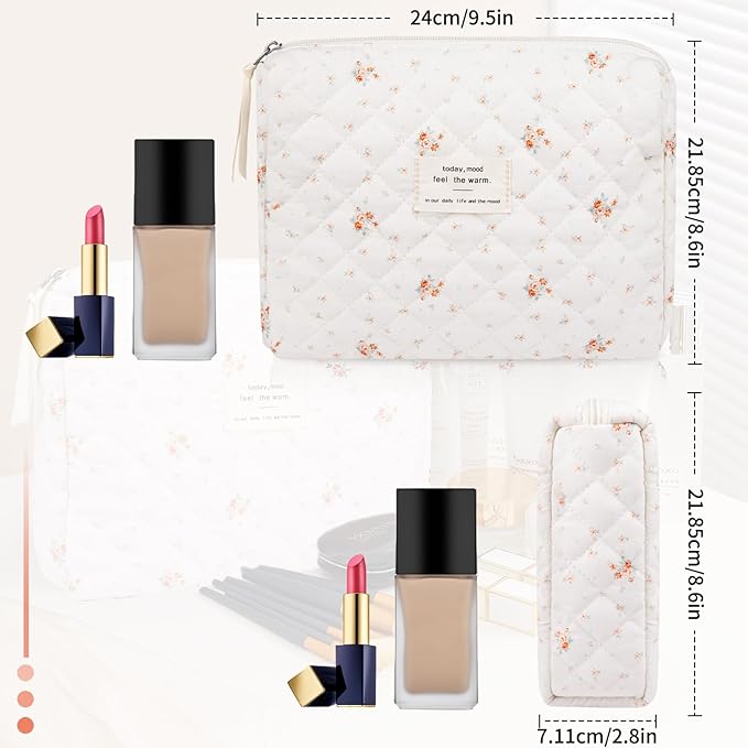 Floral Makeup Bag, Small Cosmetic Bag for Women Girls, Cute Cotton Makeup Bag, Quilted Makeup Bags, Flower Travel Toiletry Organizer Bag(Rose Pattern)