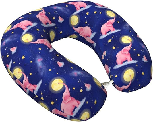 Comfortable Travel Pillow for Pain Relief Sleeping, Memory Foam Airplane Car Neck Pain Pillows Full Moon Rose Elephants, Funny Chin Head Support Cushion