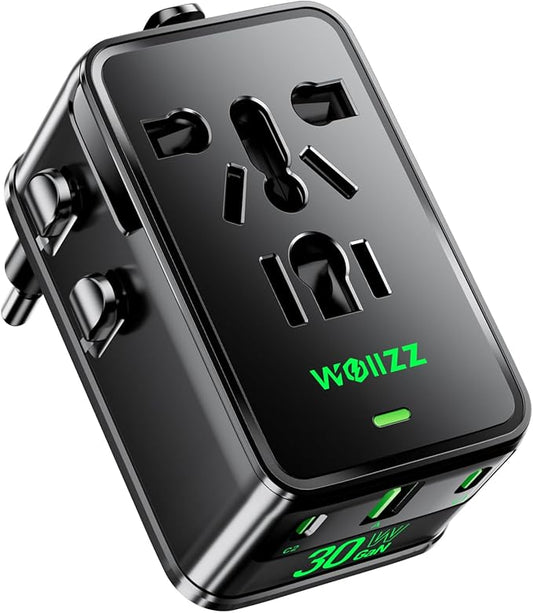 Tiny Universal Travel Adapter, 30W GaN Fast Charging International Power Adapter with 4 Ports (1 AC, 1 USB-A, and 2 USB-C), Plug Adapter with Smart Chip for Over 200 Countries, PD&QC Charger