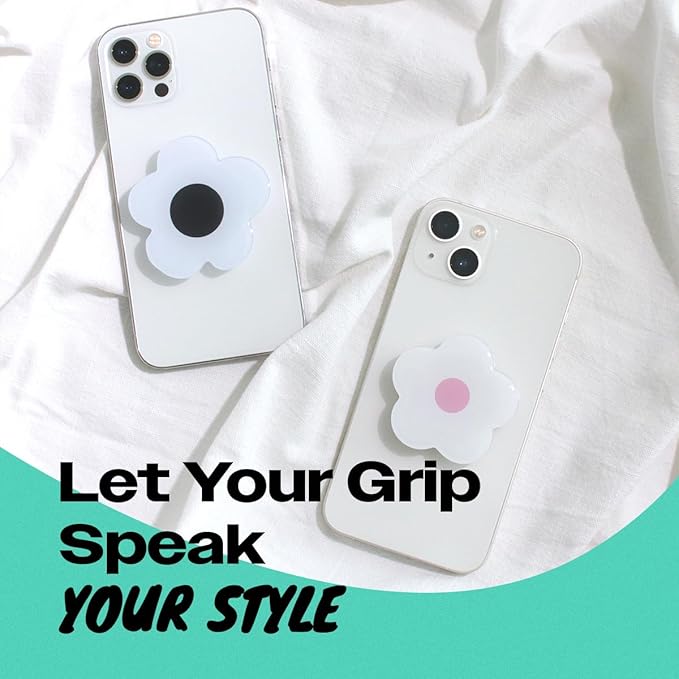 OnTheGrip Cute Solid Color Daisy Flower Design Collapsible Mobile Phone Grip Stand Holder for Smartphone Tablet Cell Phone Accessory (White Pink)