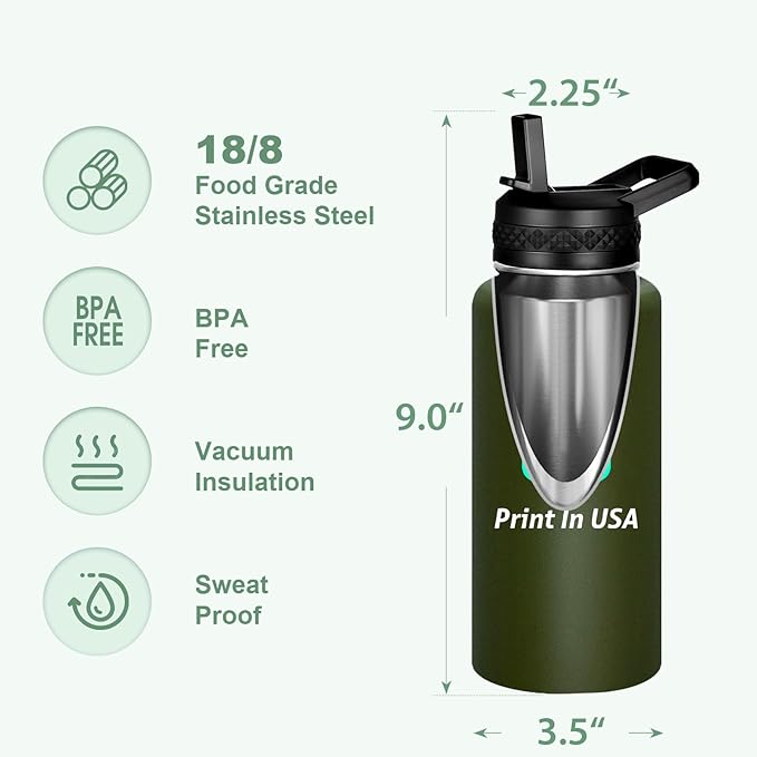 Personalized Custom Print in USA Water Bottle 32oz Stainless Steel Double Wall Coffee Cup with Lid & Straw Insulated Tumbler with Colorful Text Logo Photo