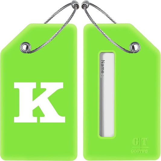 Gostwo 2 Pack Silicone Luggage Tags for Suitcases, 26 Initial Letter Baggage Labels Handbag School Bag Suitcase Instrument Tag with Stainless Steel Loop(Green)(Letter K)