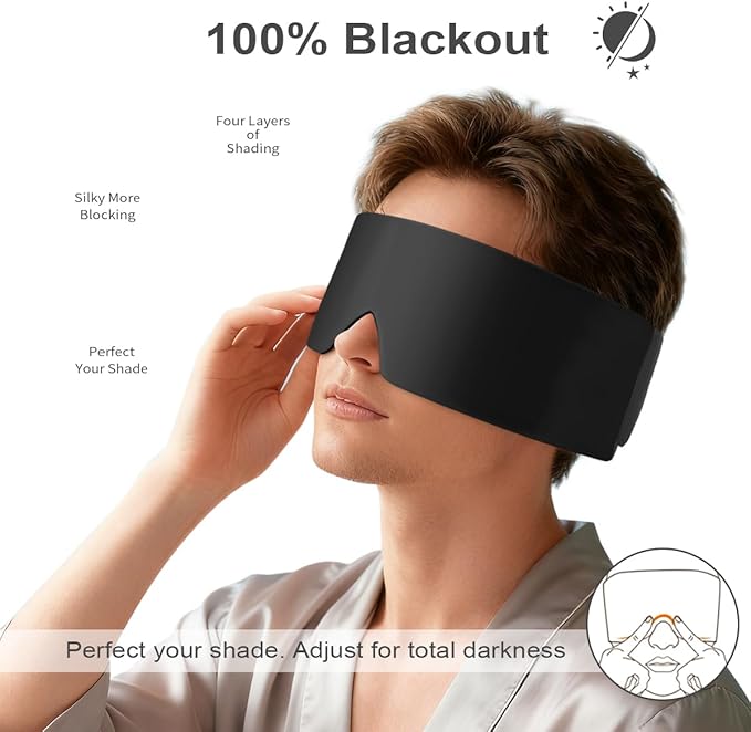 Sleep Mask for Adult Blackout: Reversible Dual-Sided Eye Mask with Adjustable Band - Soft Cotton and Silky Cooling Blindfold for Women Men Travel Nap Meditation （Black）