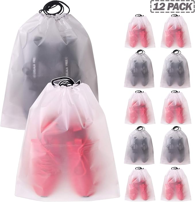 Set of 12 Portable Translucent Shoe Bags for Travel Large Clear Shoes Pouch Storage Organizer with Drawstring for Men and Women