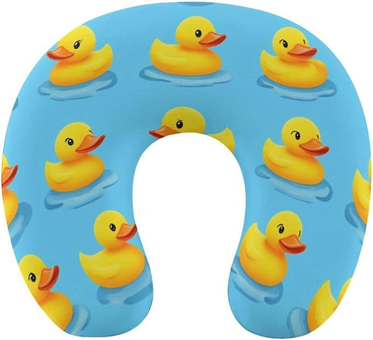 Breathable Memory Foam Neck Pillow, Cute Funny Yellow Duck Rubber Ducky Sky Blue U-Shaped, Head Support U-Shape Compact for Airplane Train Travel, Machine Washable Cover