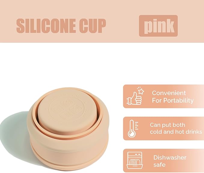 12oz Collapsible Water Bottles, Silicone Foldable Portable Travel Water Bottle, Folding Lightweight Reusable Leakproof for Traveling Camping Hiking Cycling Yoga Sports Pink