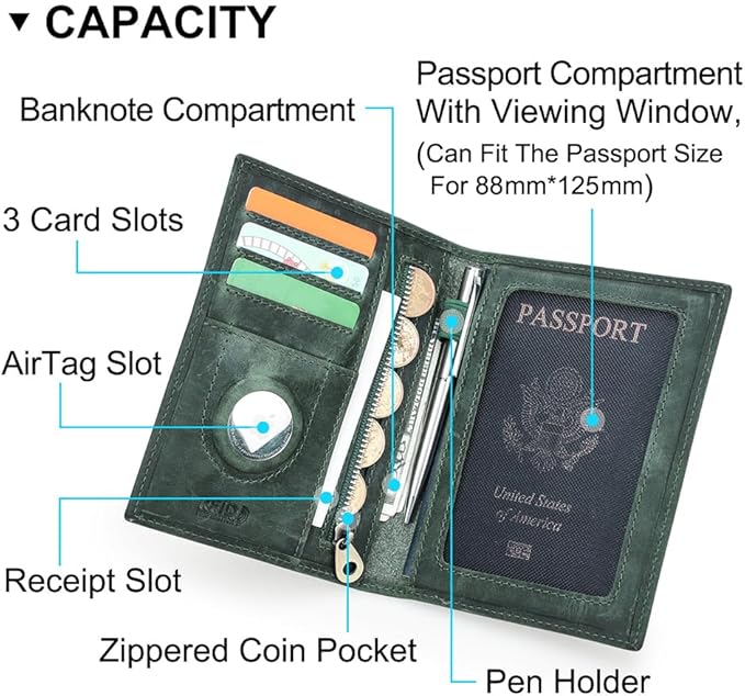 CONTACTS Full Grain Leather Airtag Passport Holder RFID Blocking Travel Passport Wallet Slim Passport Cover Case with 4 Card Slots, Coin Pocket (Badge, Green)