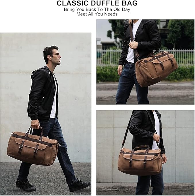 Duffle Bag for Men Waterproof Genuine Leather Canvas Travel Duffel Bags for Women Overnight Weekender Bag for Traveling