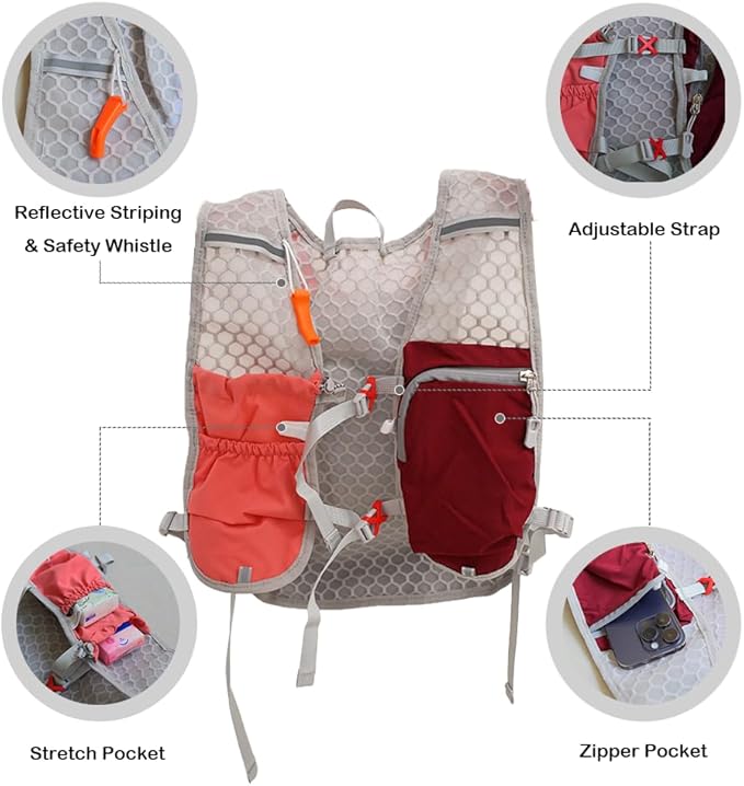 Lightweight Running Vest with 1L Hydration Bladder – 5L Trail Running Water Vest for Women & Men, Adjustable Fit Hydration Pack for Marathon, Jogging, Hiking, Cycling (Green/Grey/Pink)