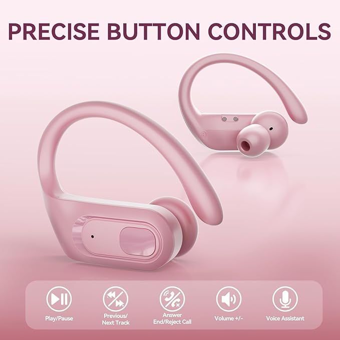 occiam Active Noise Cancelling Wireless Earbuds Bluetooth Headphones Ear Buds 96Hrs Playback Clear Call Waterproof Earphones with Ear Hook Microphones for Sport Running (Pink Standard)