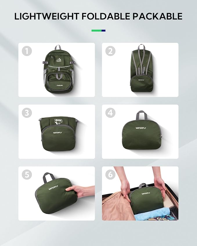 WATERFLY Hiking Packable Daypack Backpack: 25L Ultra Lightweight Day Pack for Woman Man - Small Compact Folding Back Pack for Outdoor Sport Cycling Camping Travel Trip - Green